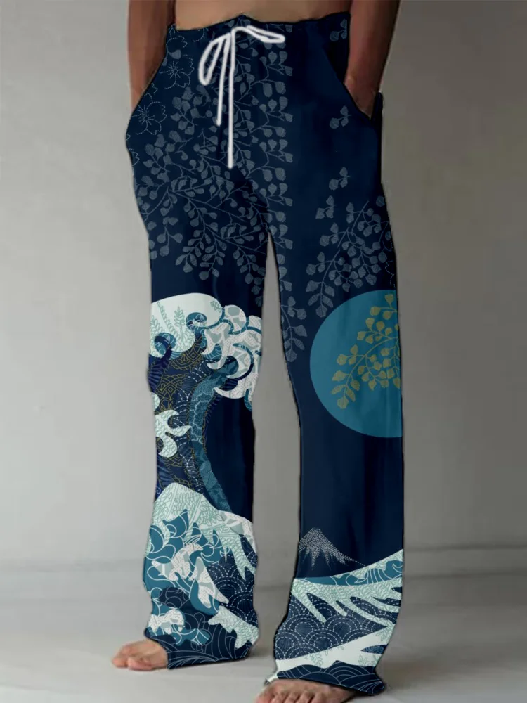 Japanese Waves Art Linen Blend Casual Pants
