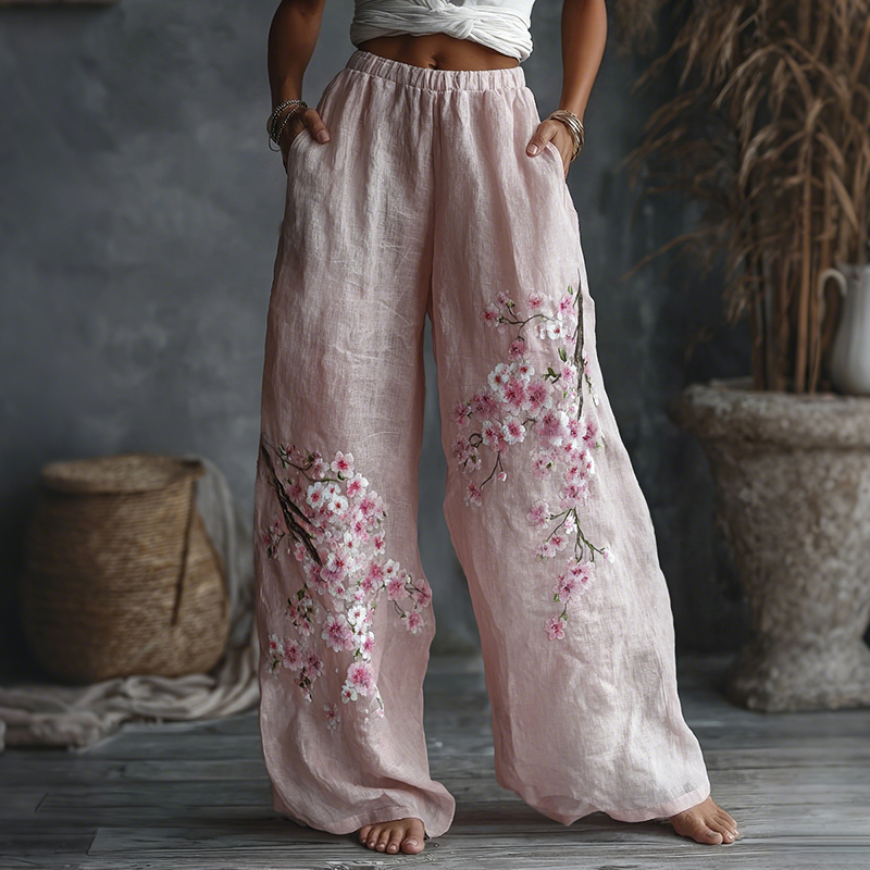 Comstylish Women's Japanese Floral Pattern Linen Casual Pants