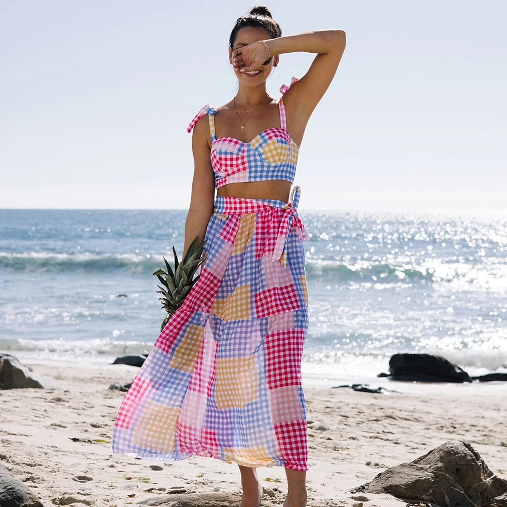 2021 Sexy Colorful Plaid Bikini Set High Waist Swimwear Shoulder Strappy Bathing Suit Beachwear Biquini female