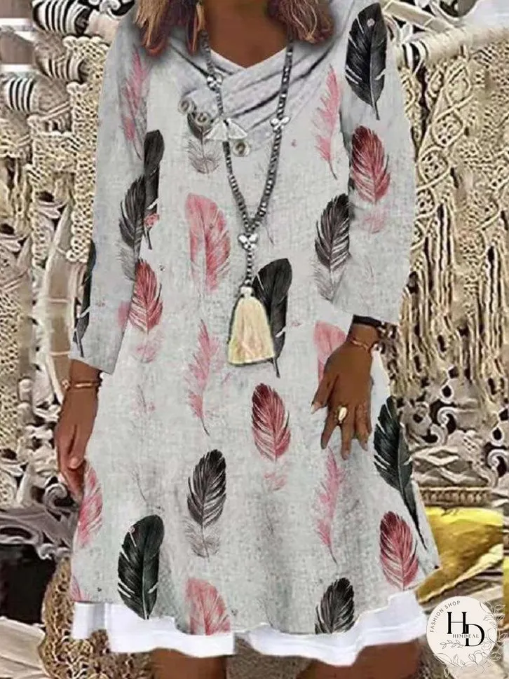 Dresses Pile Collar Printed Long Sleeve Dress for Women