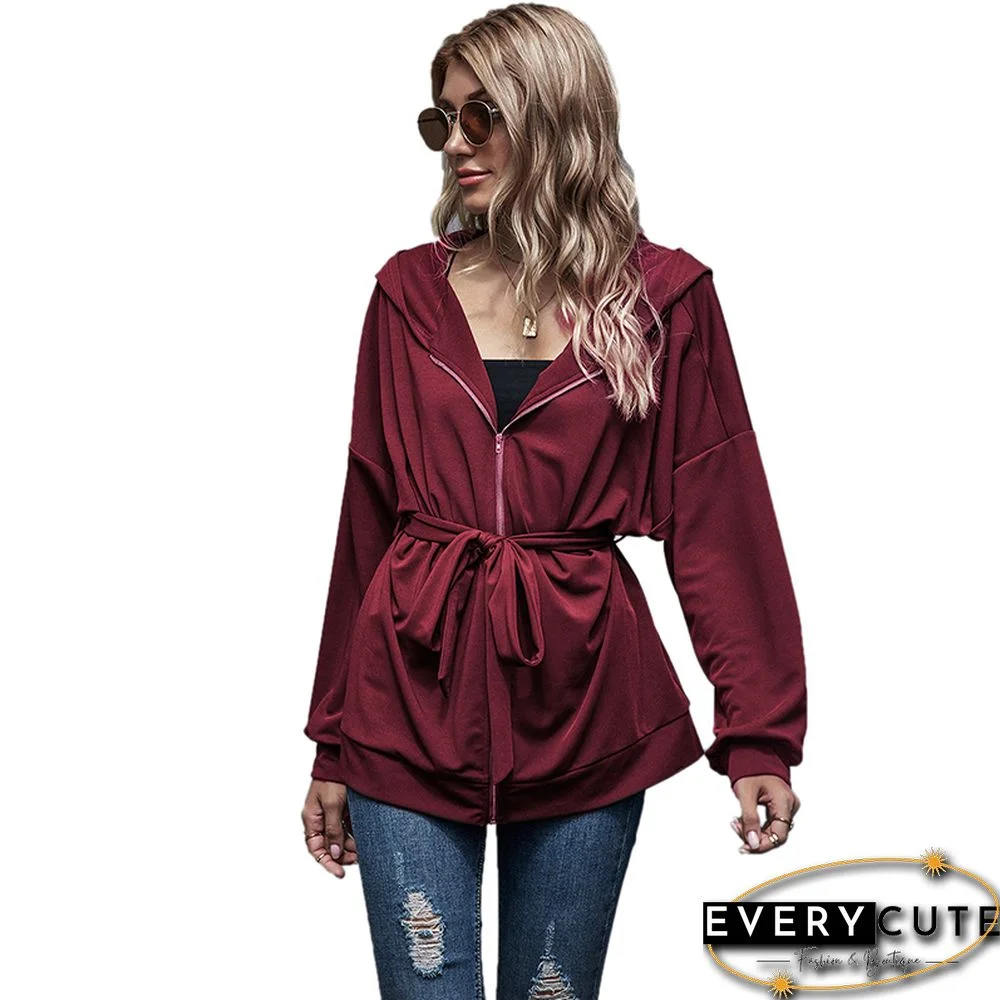 Wine Red Zipper Lace-Up Hooded Coat