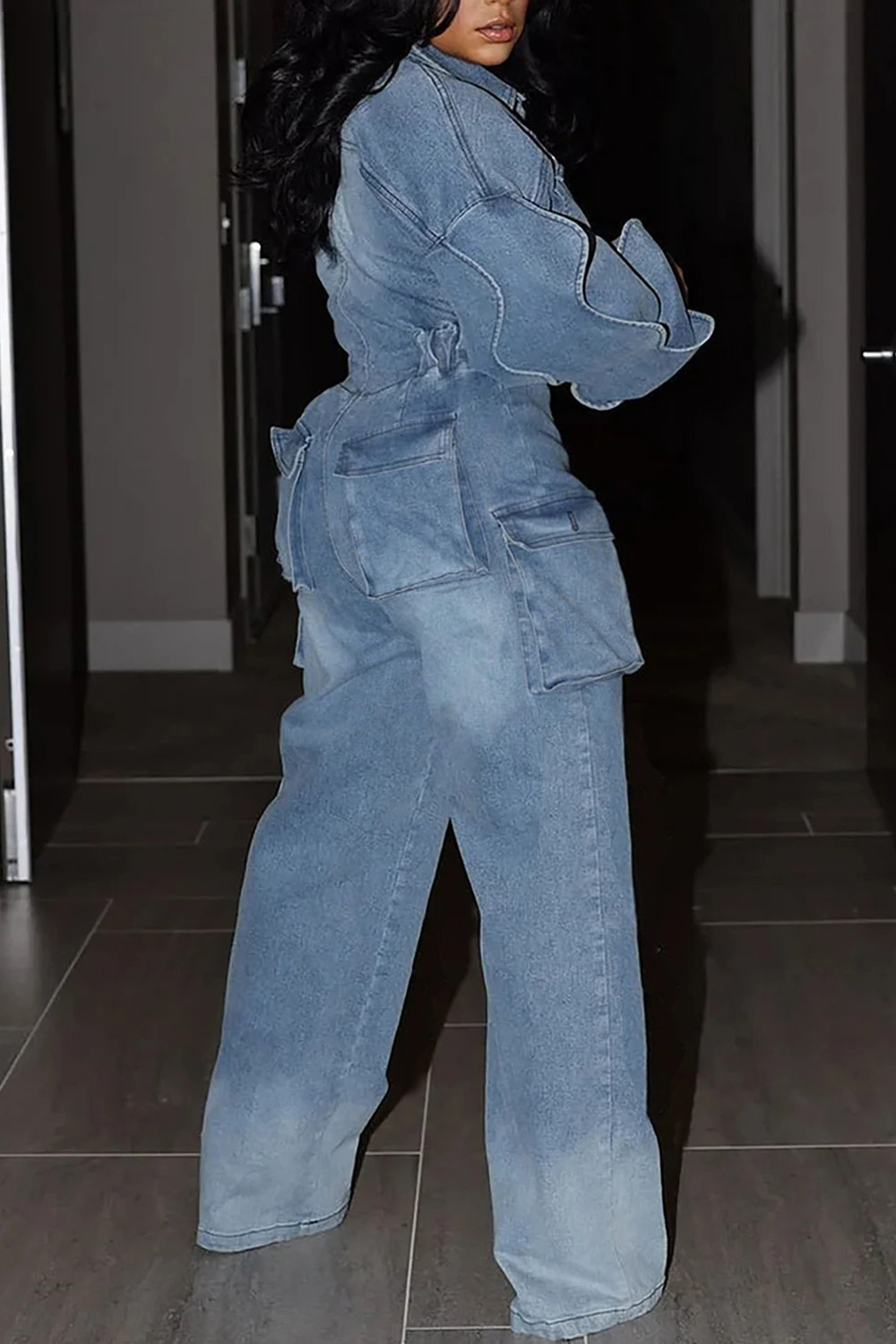 Plus Size Daily Jumpsuit Light Blue Denim Long Sleeve Cargo Jumpsuit With Pocket
