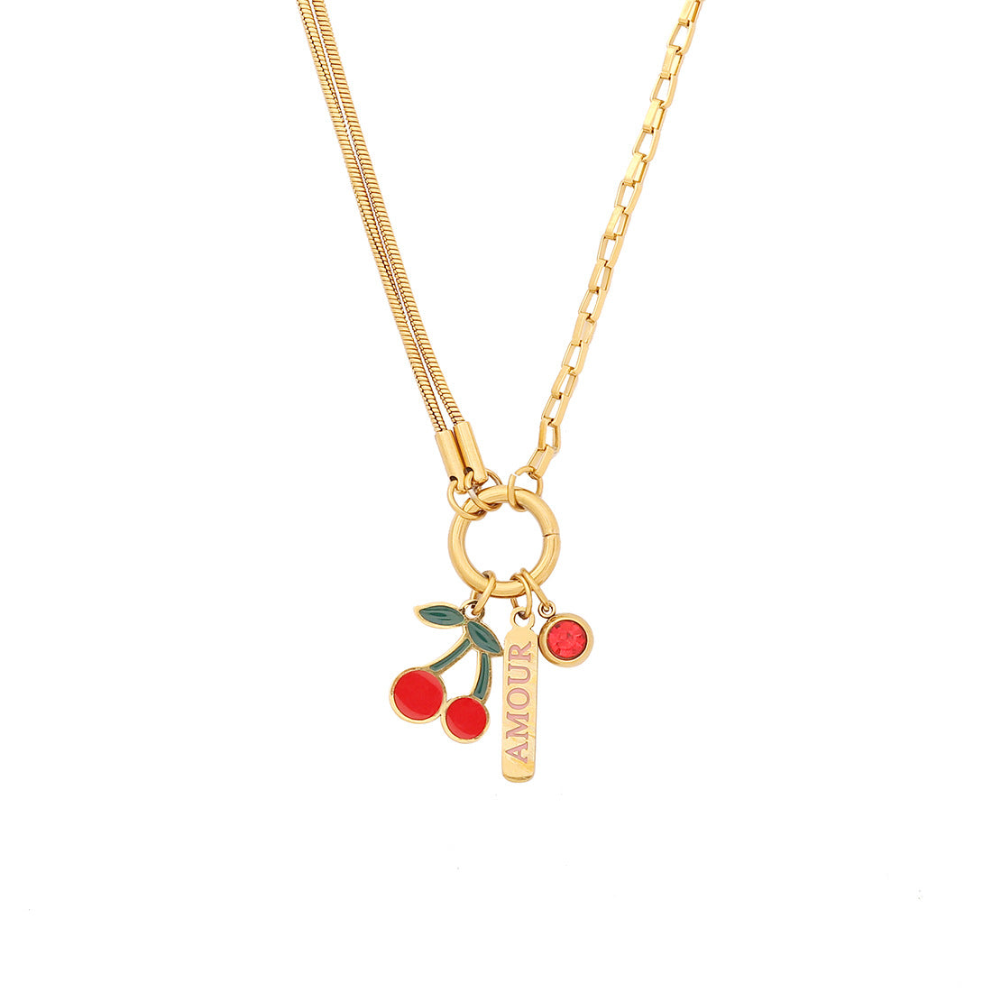Cute Cherry Pendant Necklace Fashion Stainless Steel Double Chain N1468