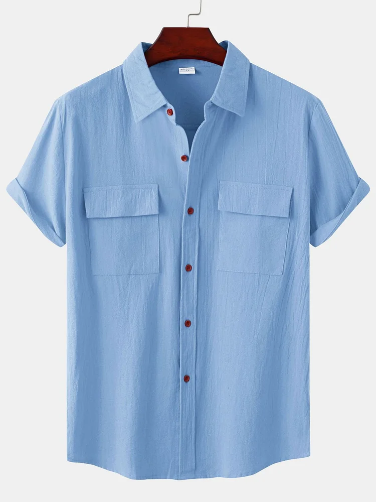 Men's Solid Color Double Pocket Comfortable Casual Short Sleeve Shirt socialshop