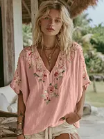 Women's Vintage Floral Art Linen Short Sleeve T-shirt - Image 3