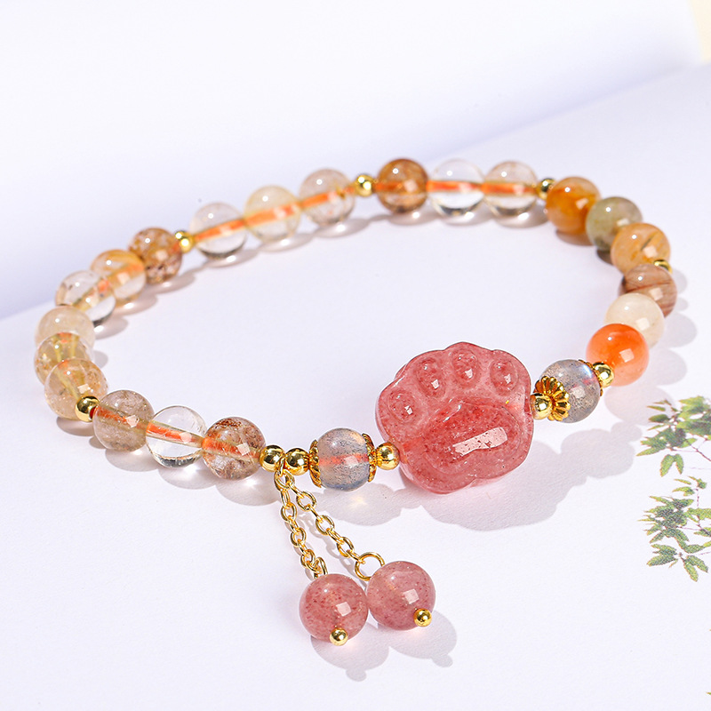 Natural strawberry quartz cat paw bracelet with color rutilated quartz beads