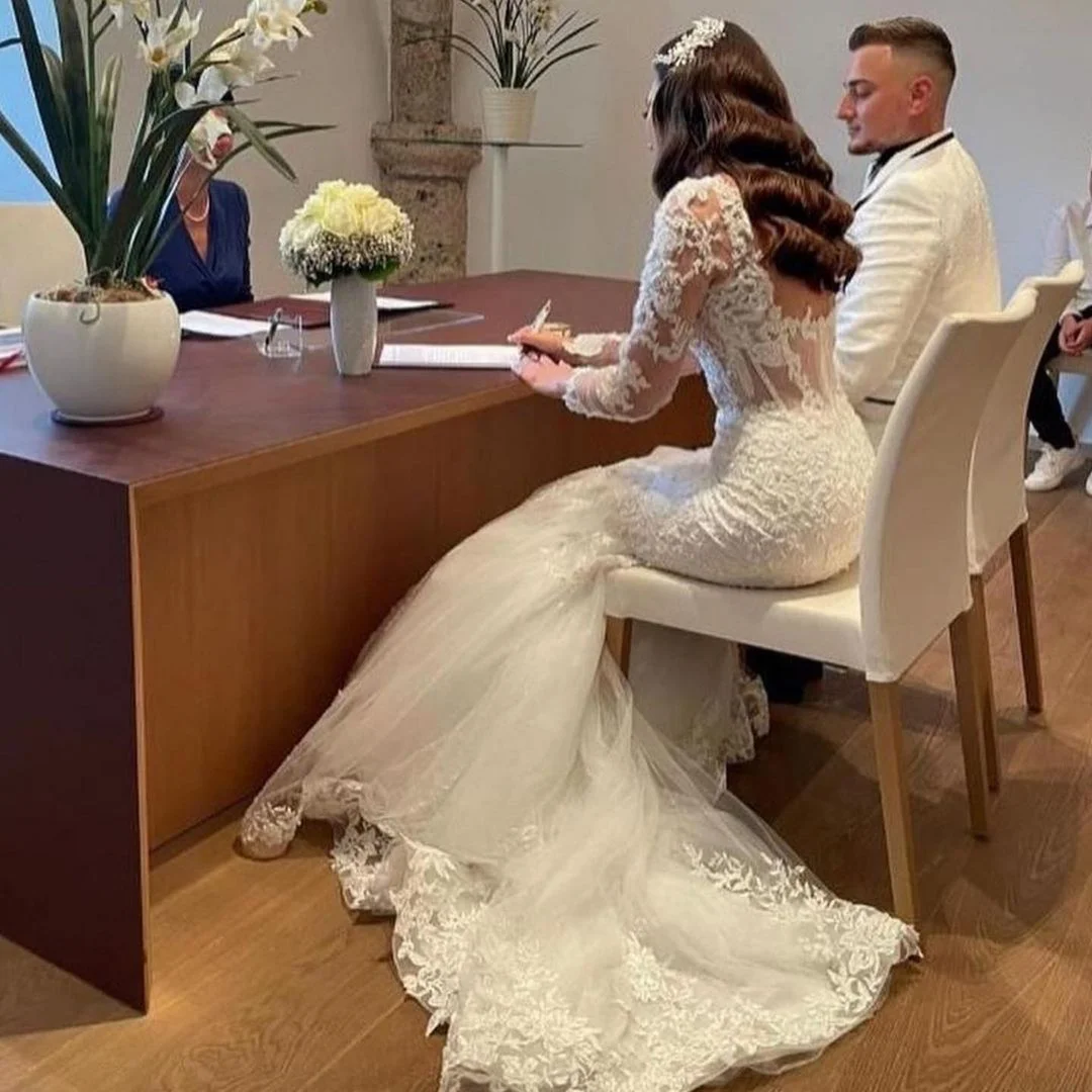 Open Back Wedding Gown,Long Sleeve Wedding Dresses,Mermaid Wedding Dress main image 1