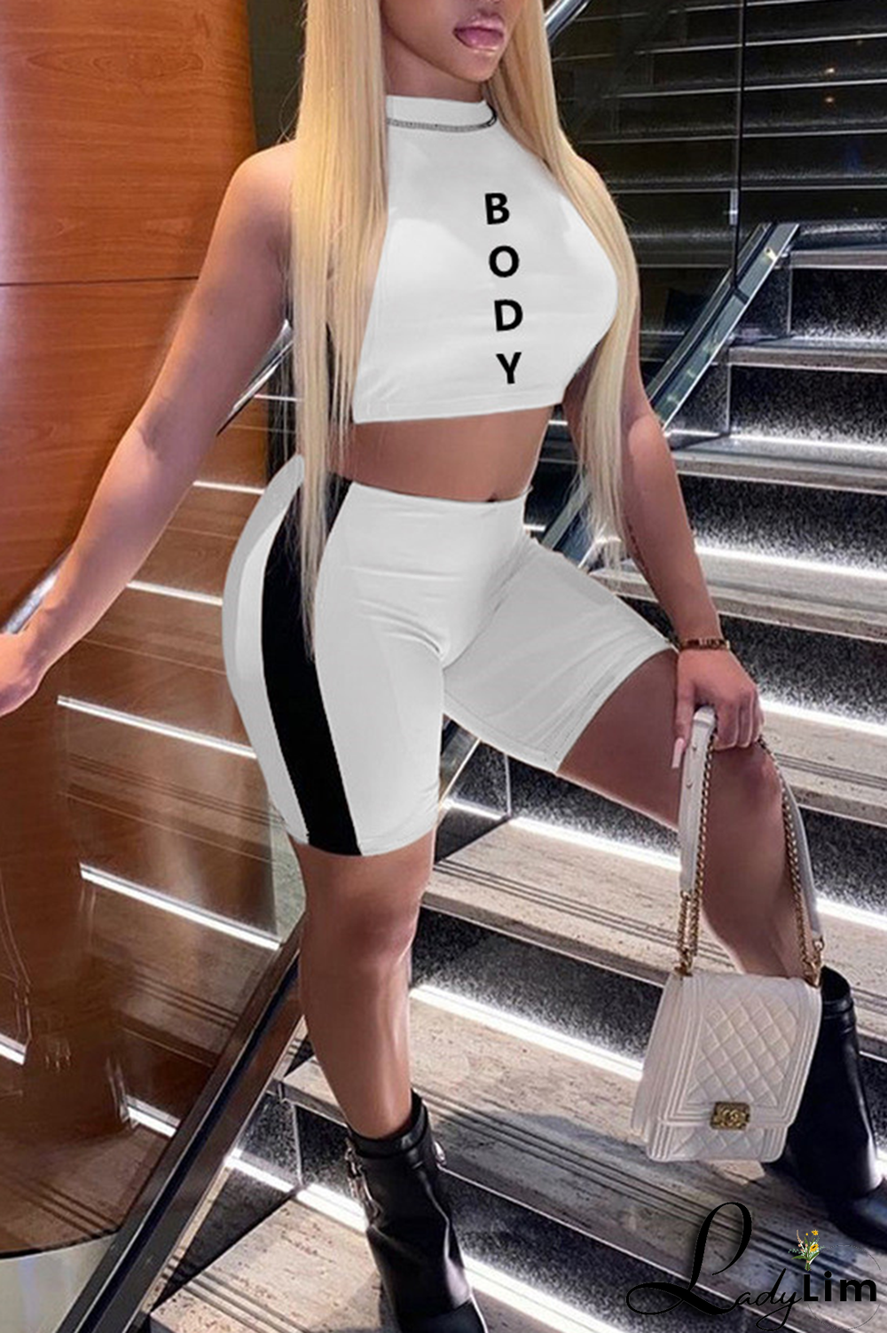 Red Fashion Print Letter Half A Turtleneck Sleeveless Two Pieces