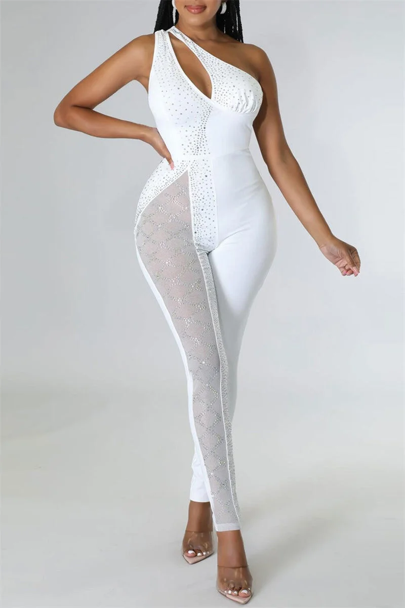 Fashion Sexy Patchwork Hot Drilling Hollowed Out Backless One Shoulder Skinny Jumpsuits