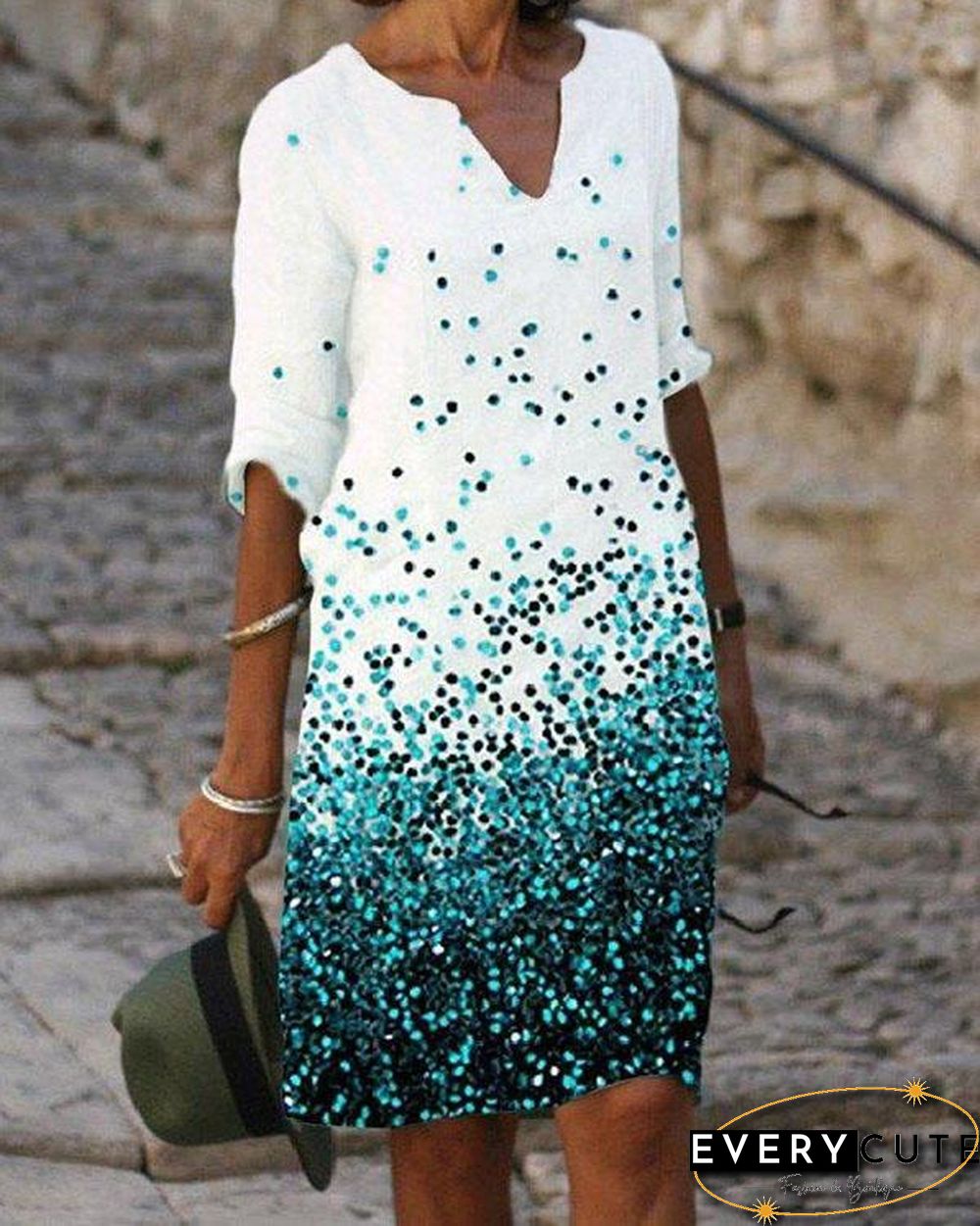 Ladies V-neck Printed Casual Shift Dress