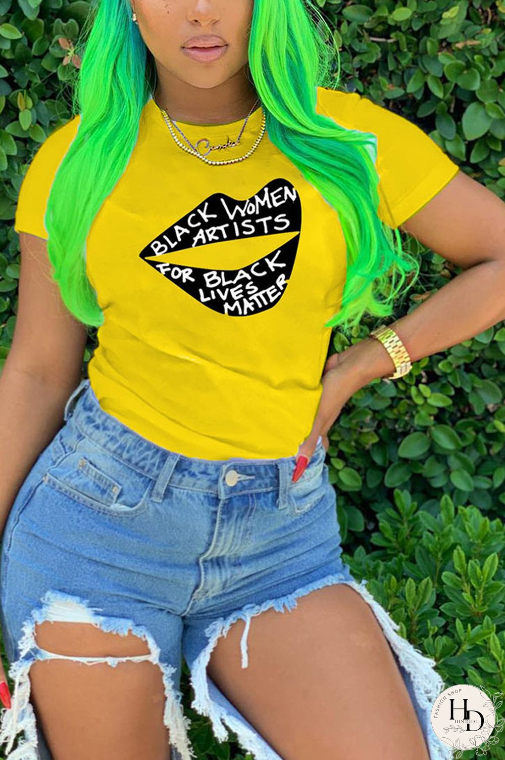 White Yellow O Neck Short Sleeve Letter Patchwork Print Slim fit Lips Print Tops