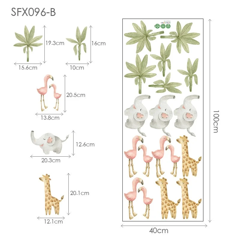 Cartoon Animal Baby Flamingo Elephant Giraffe Green Leaf Wall Stickers for Kids Room Living Room Baby Nursey Home Decoartion