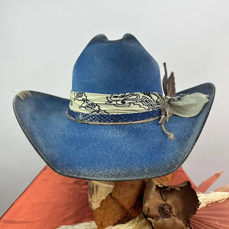 Western Ribbon Decor Distressed Wool Felt Cowboy Hat