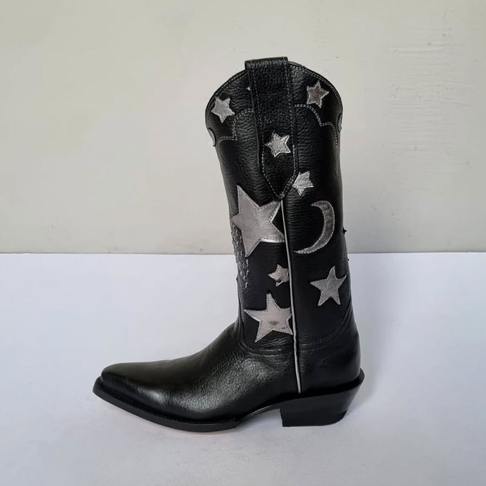 Silver Star Inlay Mid-Calf Snip Toe Black Western Boots for Women Nicepairs