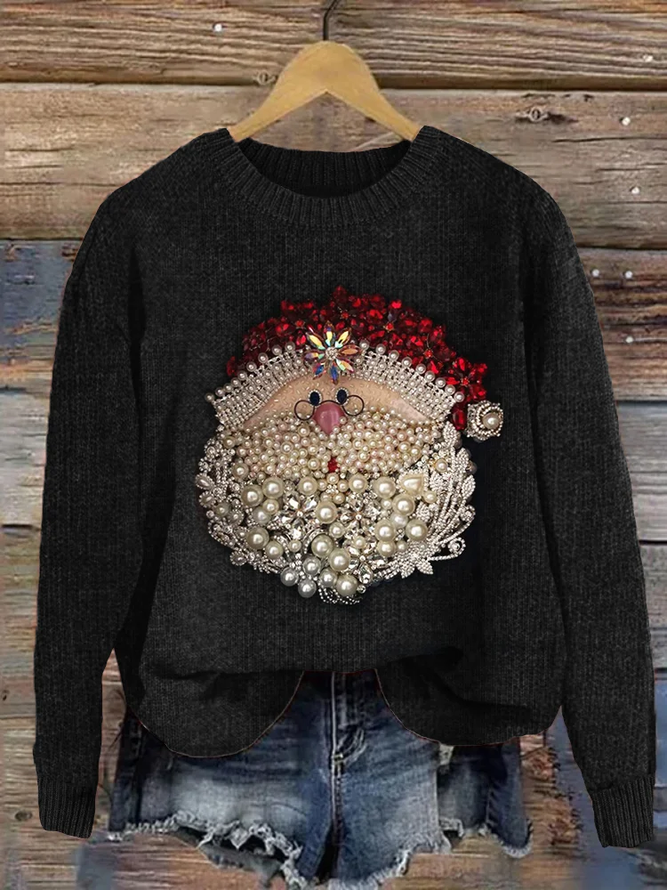 Comstylish Christmas Santa Claus Jewel Art Cozy Knit Sweater