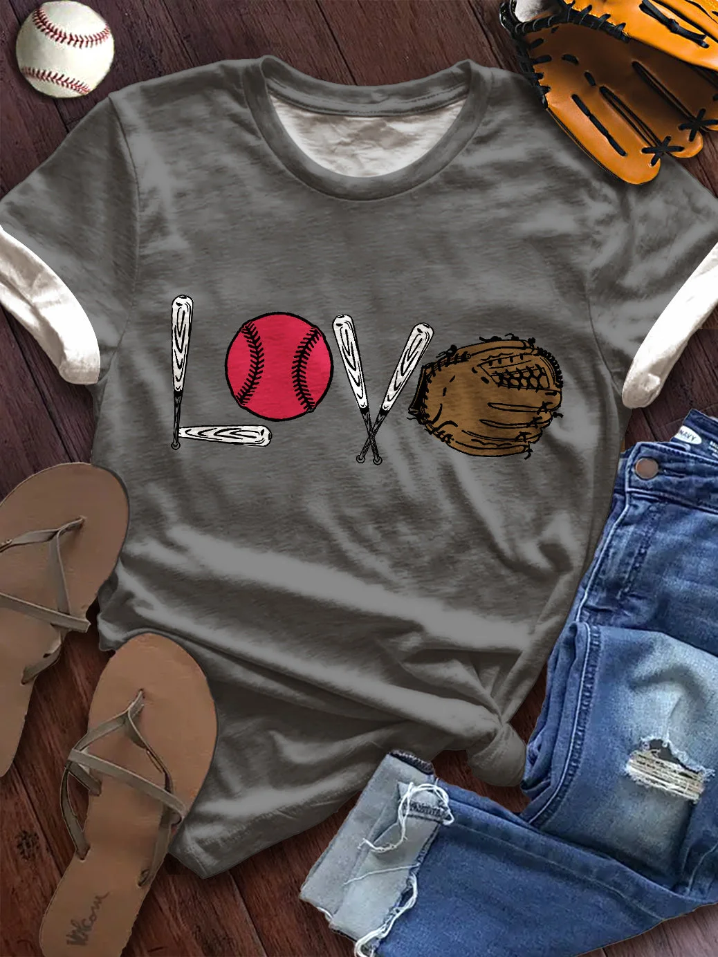 Women's Baseball Valentine's Day Printed Crew Neck T-shirt