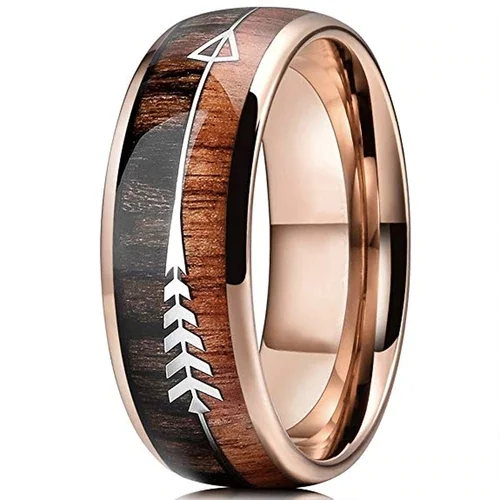 Women's Or Men's Tungsten Carbide Wedding Band Matching Rings,Rose Gold Cupid's Arrow Over Wood Inlay,Tungsten Ring With High Polish Dark Wood Inlay,Domed Top Ring With Mens And Womens Rings For 4MM 6MM 8MM 10MM