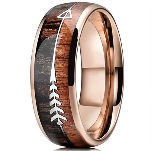 Women's Or Men's Tungsten Carbide Wedding Band Matching Rings,Rose Gold Cupid's Arrow Over Wood Inlay,Tungsten Ring With High Polish Dark Wood Inlay,Domed Top Ring With Mens And Womens Rings For 4MM 6MM 8MM 10MM