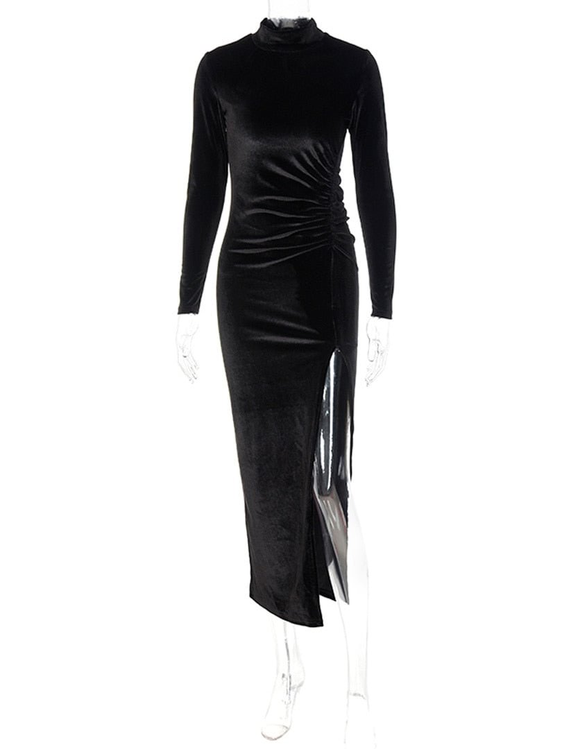 Dulzura 2021 Autumn Winter Women Solid Velvet Long Sleeve Ruched Midi Dress Side Slit Bodycon Sexy Streetwear Party Elegant Club