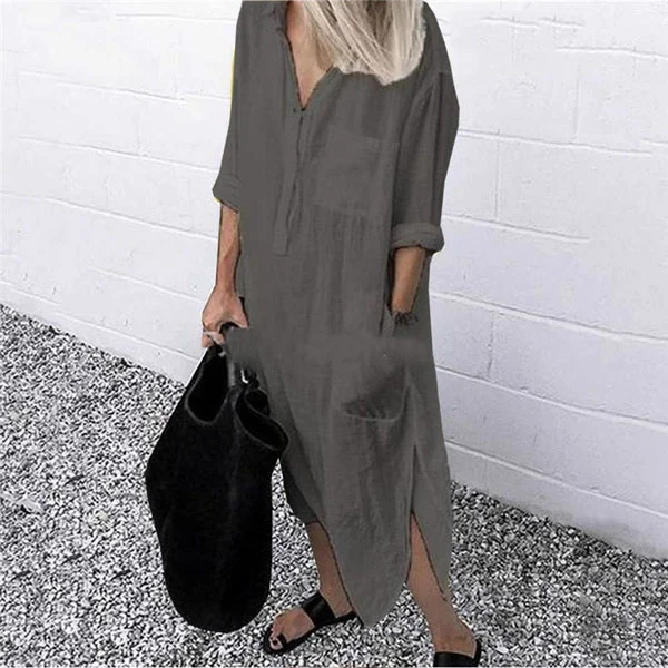 Long Sleeve Loose Turn Down Collar Button Casual Shirt Dress