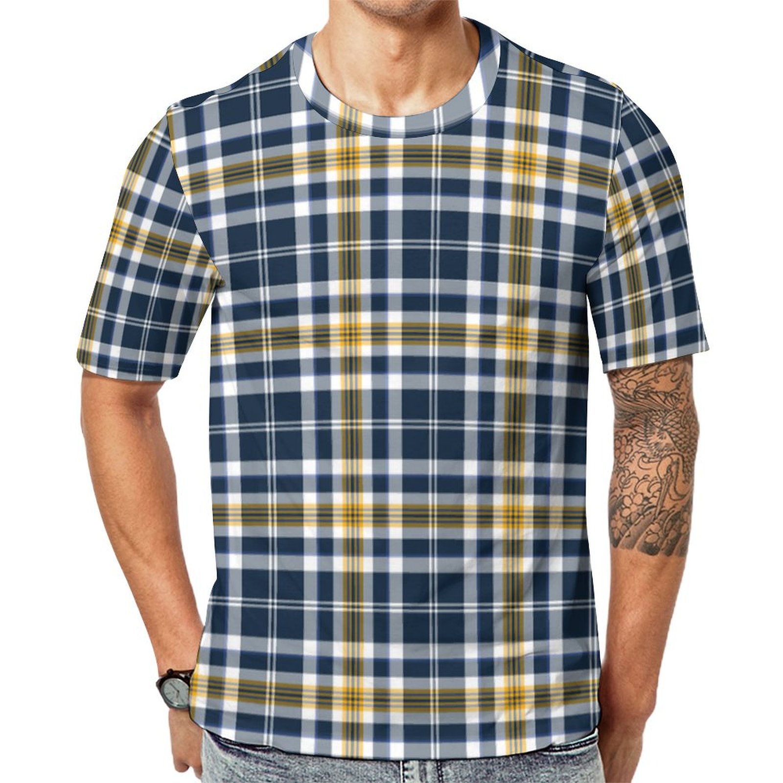 Navy Blue And Yellow Gold Sporty Plaid Short Sleeve Print Unisex Tshirt Summer Casual Tees for Men and Women Coolcoshirts