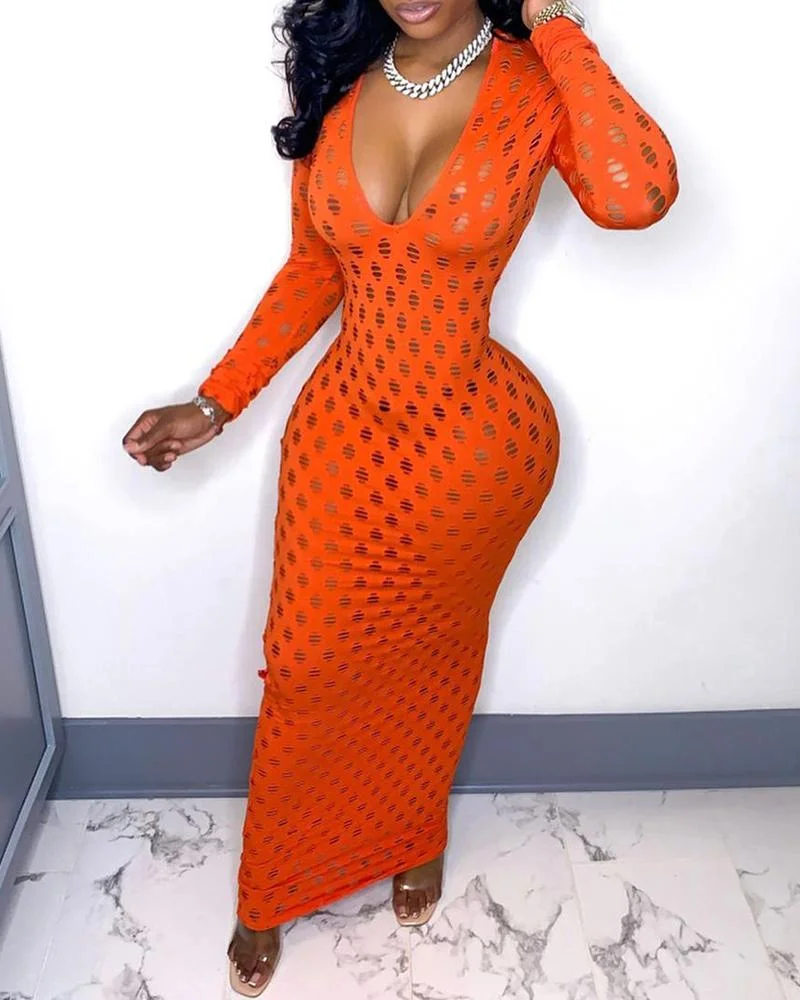 Cutout Long Sleeve Plunge Skinny Maxi Dress