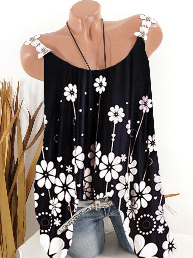 V Neck Sleeveless Floral Casual Shirts & Tops