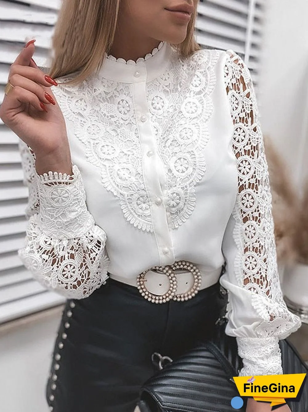 Women'S Blouses Stand Collar Lace Cutout Long Sleeve Blouse