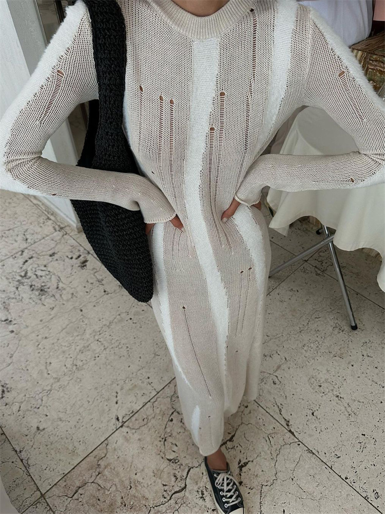 Ootddress Sexy Hollow Out Knit Maxi Dress For Women Slim Elegant Fashion Long Sleeve Autumn 2025 Party Dress Female Knitwear Dress