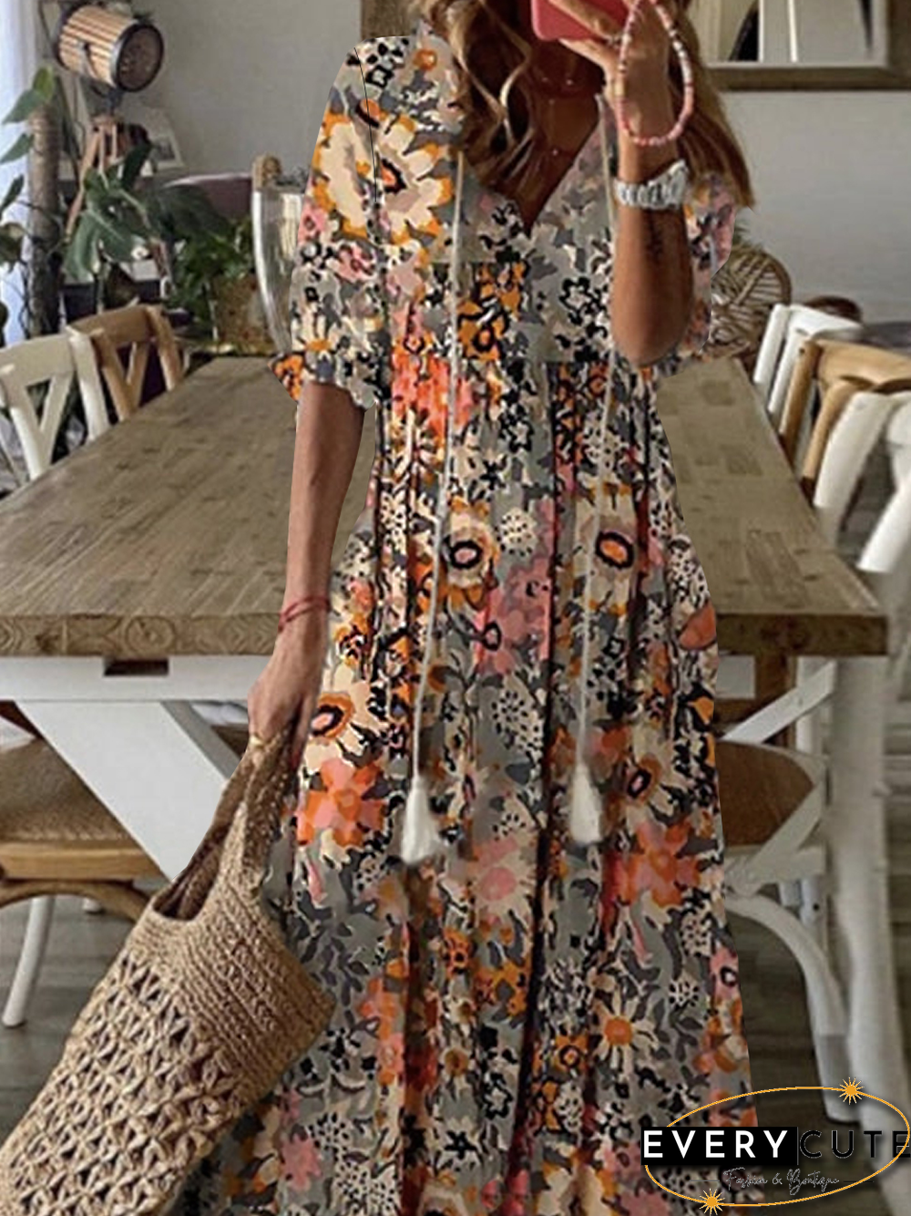 Loosen Floral Short Sleeve Woven Dress