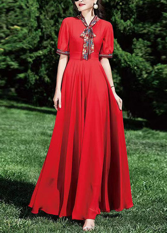 VCSHOES Red Patchwork Wrinkled Tunic Chiffon Long Dress Summer