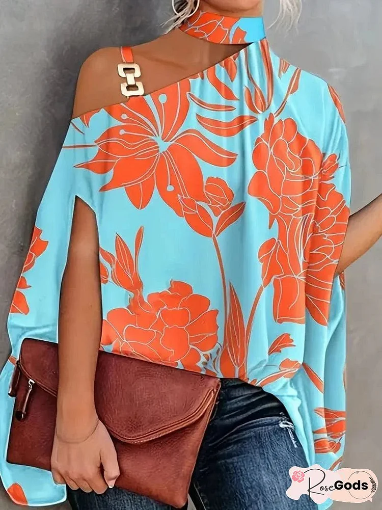 Floral Print Halter Batwing Sleeve Women's Blouse for Summer