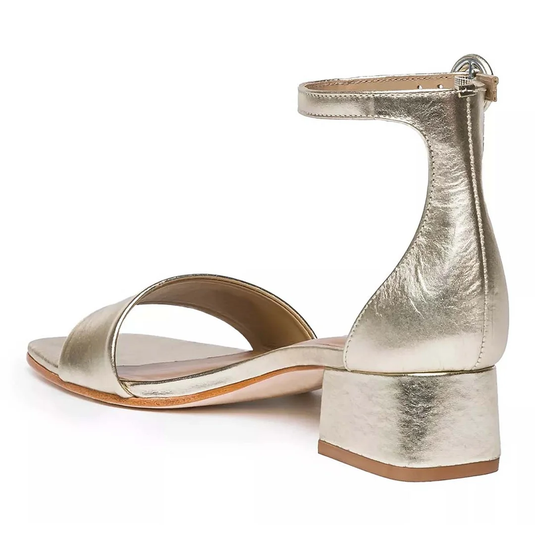 Champagne Metallic Finish Open Toe Ankle Strap Block Heel Sandals