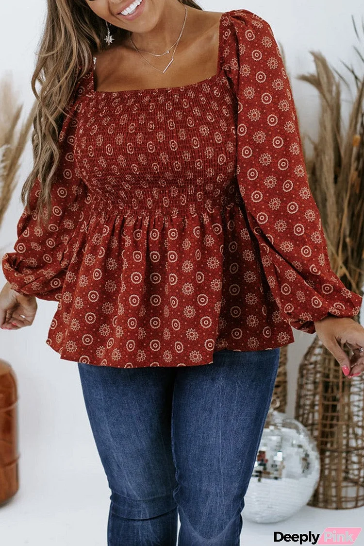 Plus Size Square Neck Printed Peplum Top