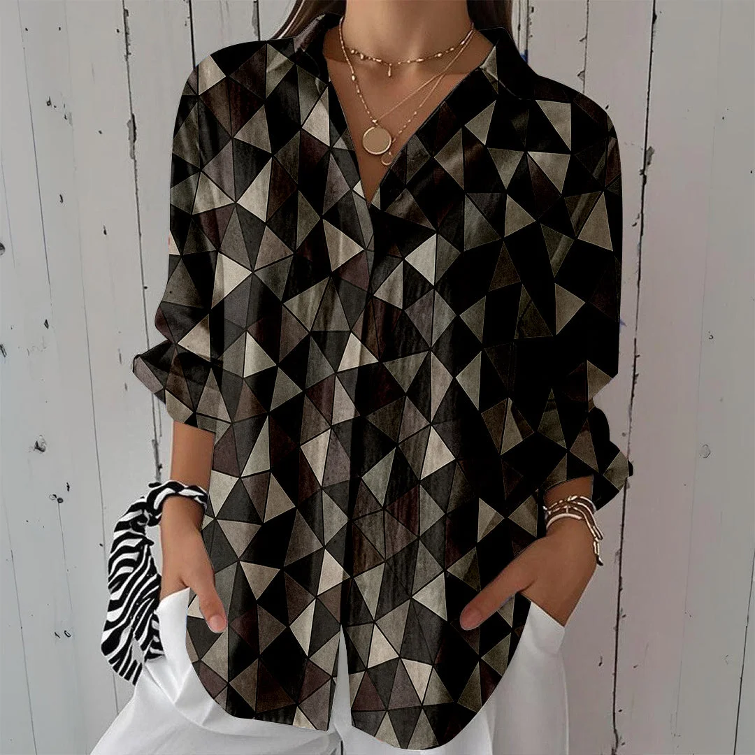 Style & Comfort for Mature Women Women Geometric, Black DZCL0392 3/4 Sleeve Shirt Collar Printed Button Tops