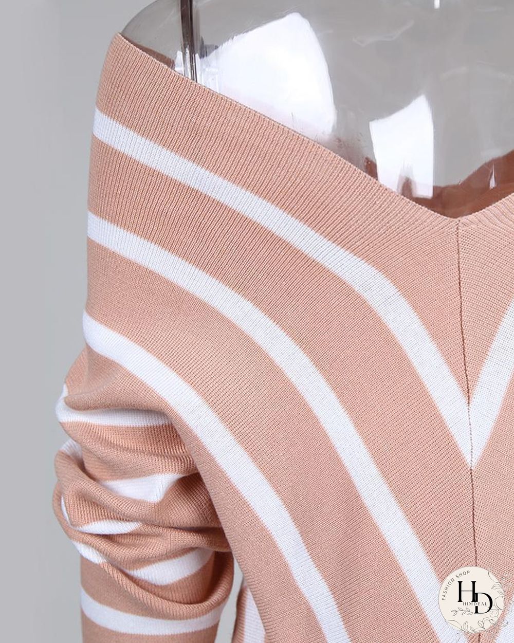 V Neck Popper Cuff Striped Casual Sweater P16131