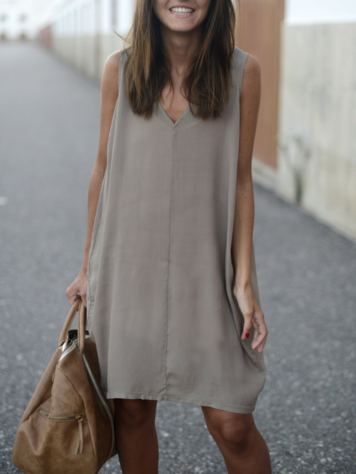 Gray Solid A-line Sleeveless Dress