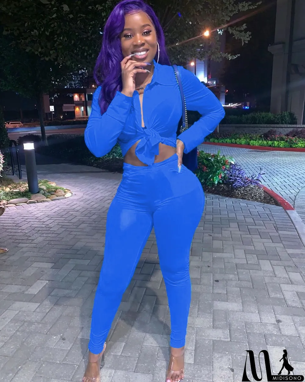 MidiSono - Solid Long Sleeve Tie Up Two Piece Pants Set