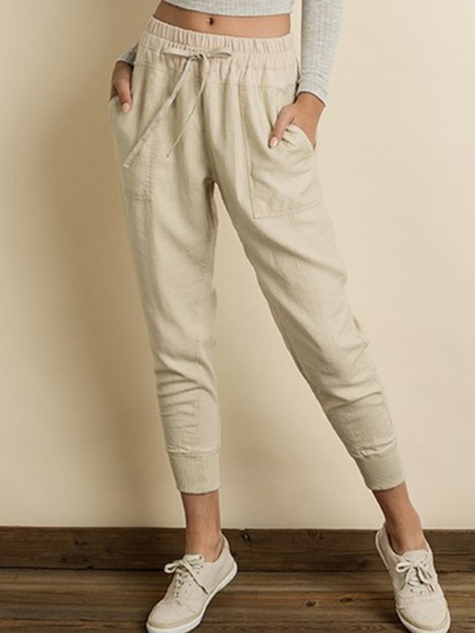 Beige Linen Pockets Solid Casual Pants