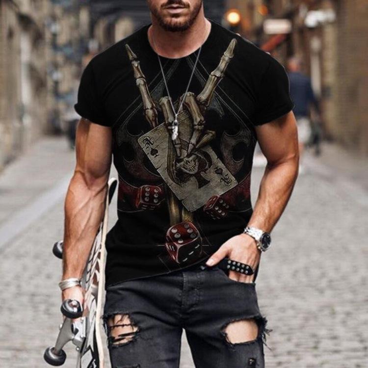 Slim-fit Short-sleeved Skull Poker Pattern Casual T-shirt