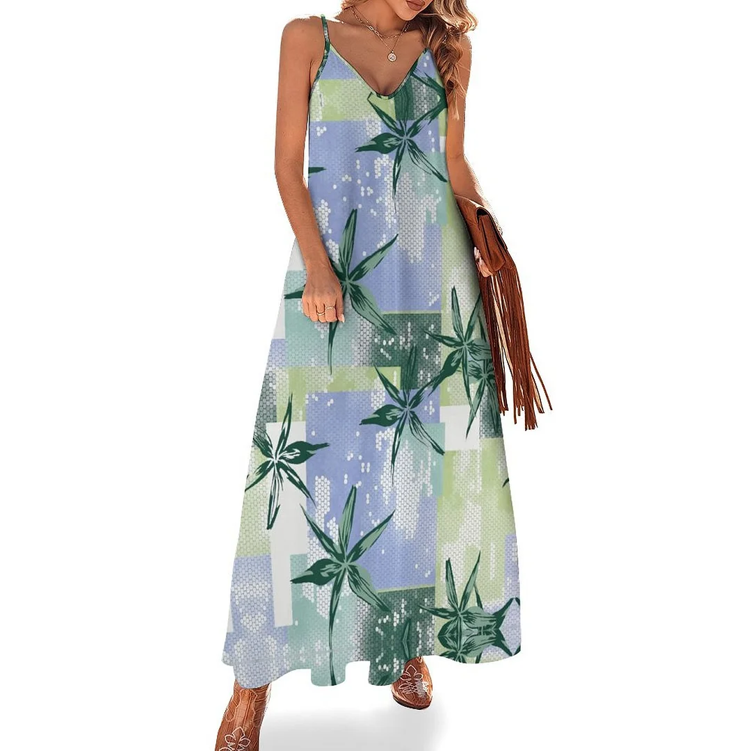 Style & Comfort for Mature Women Plus Size Printed Sling Casual Women Maxi Dress in Pattern Leaf, Green, Blue