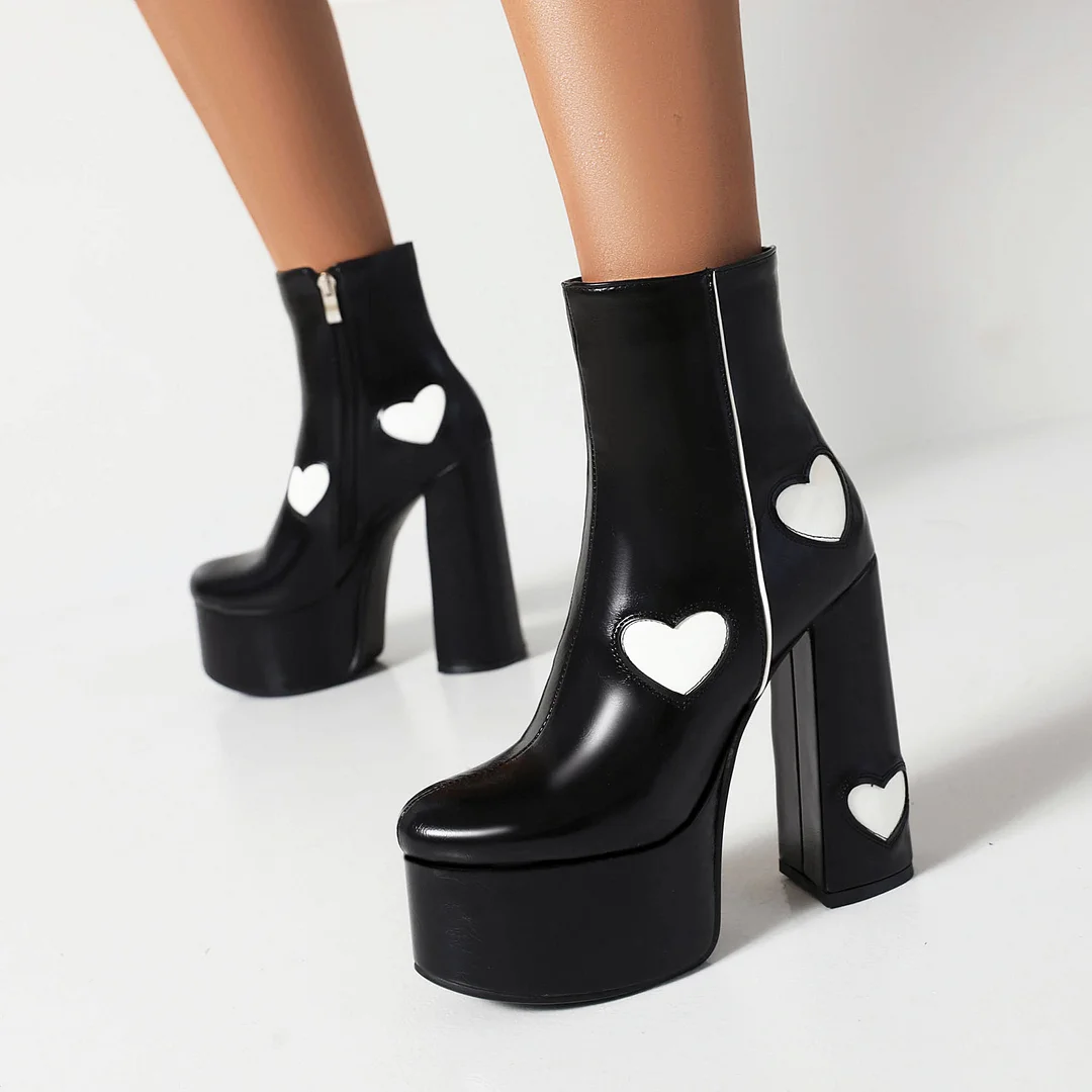 14cm Square Toe Chunky Heels Platform Heart Embedded Pattern Matte Boots