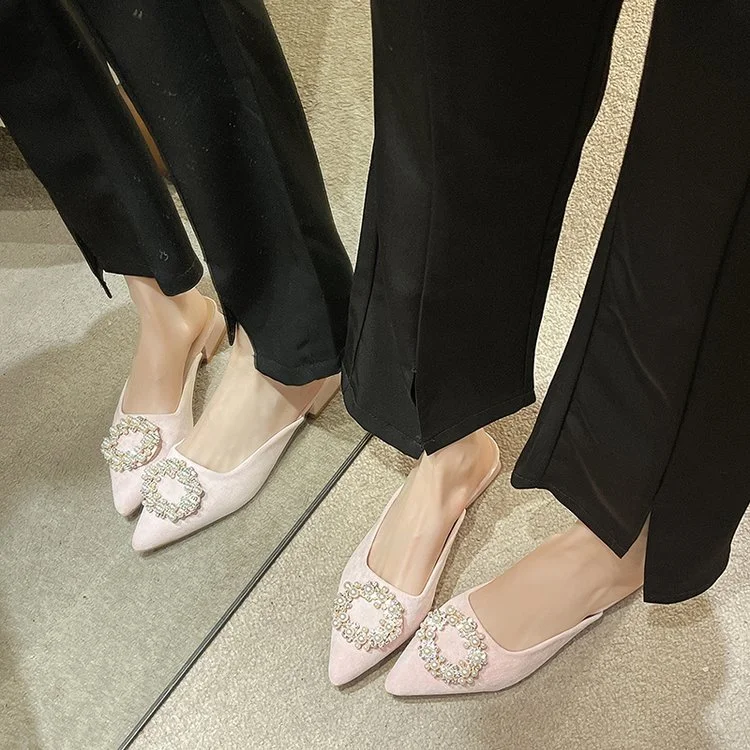 Wongn Wongn 2024 New Women's Shoes Korean Diamond Round Buckle Head Half Pointed Tip Low Heel Sandals Large Size