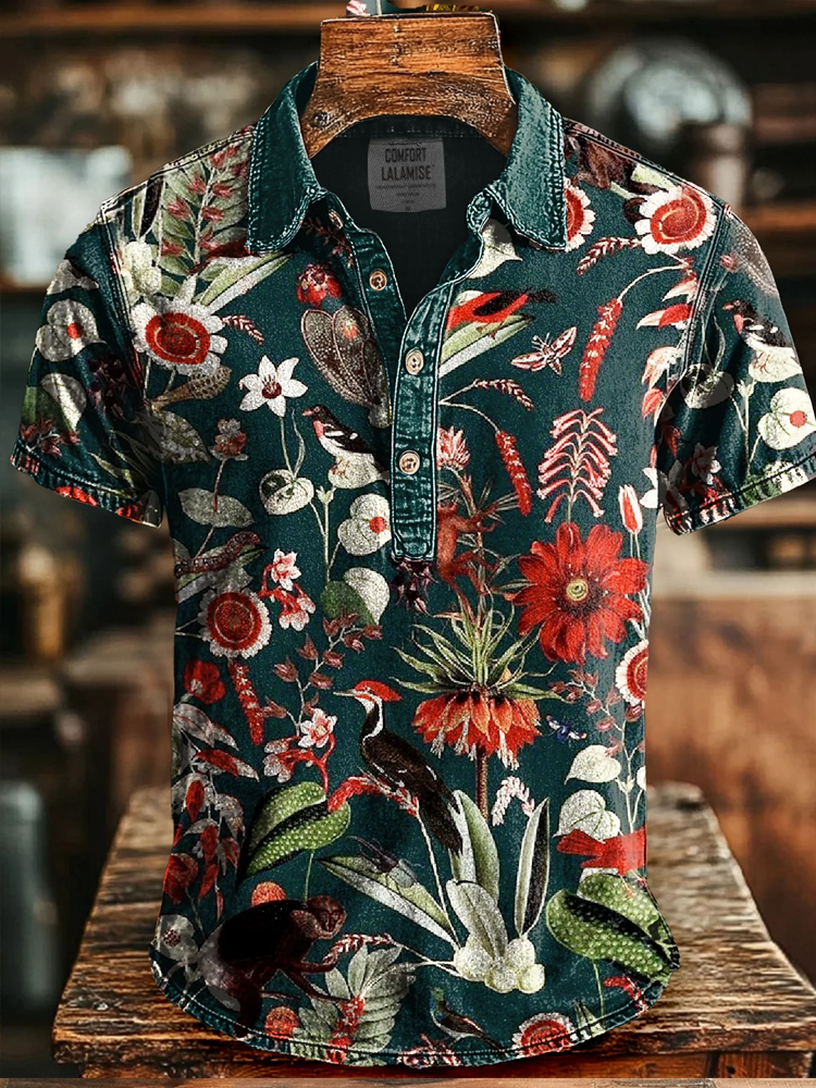 Vintage Art Print Causal Short Sleeve Polo T-shirt