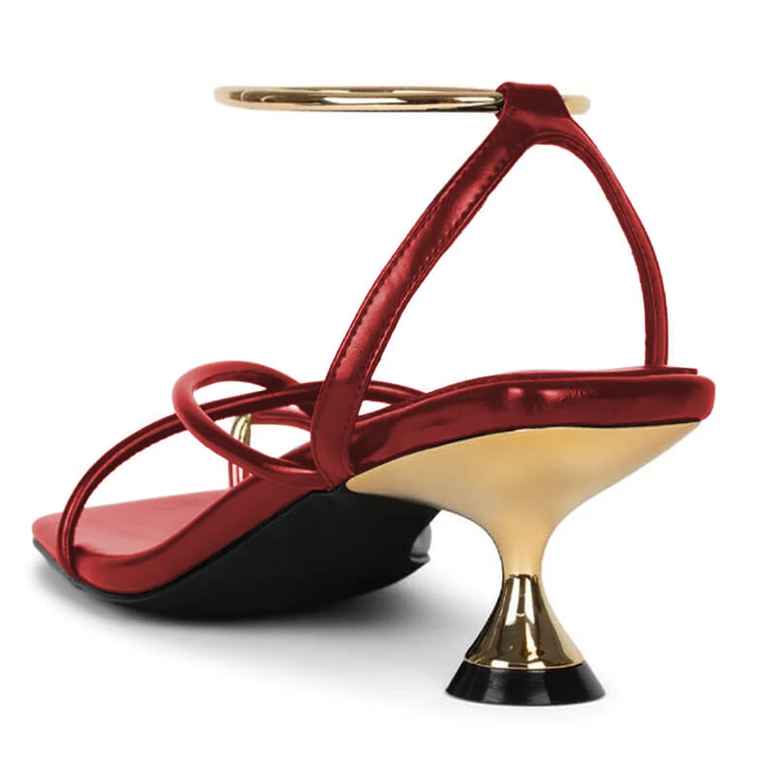 Red Metallic Touch Vegan Leather Golden Toe-Ring Ankle Strap Sandals