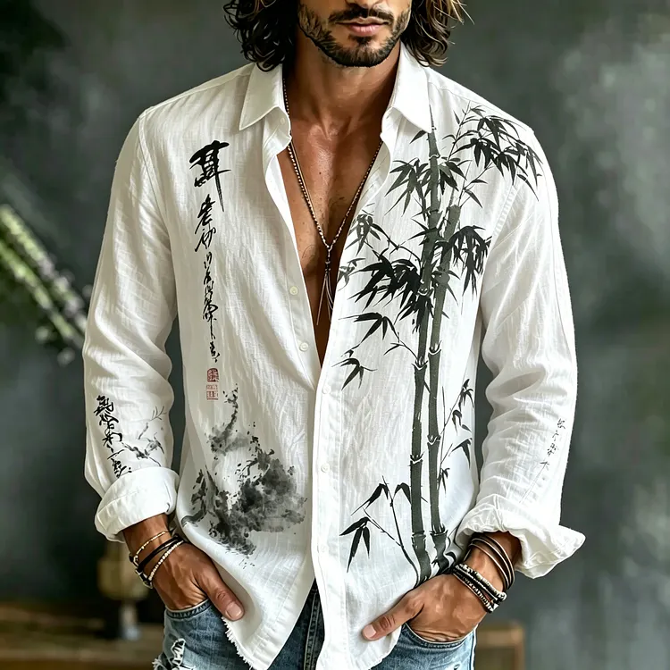 Men's Retro Japanese Bamboo And Calligraphy Print Casual Cotton Linen Long-sleeved Shirt