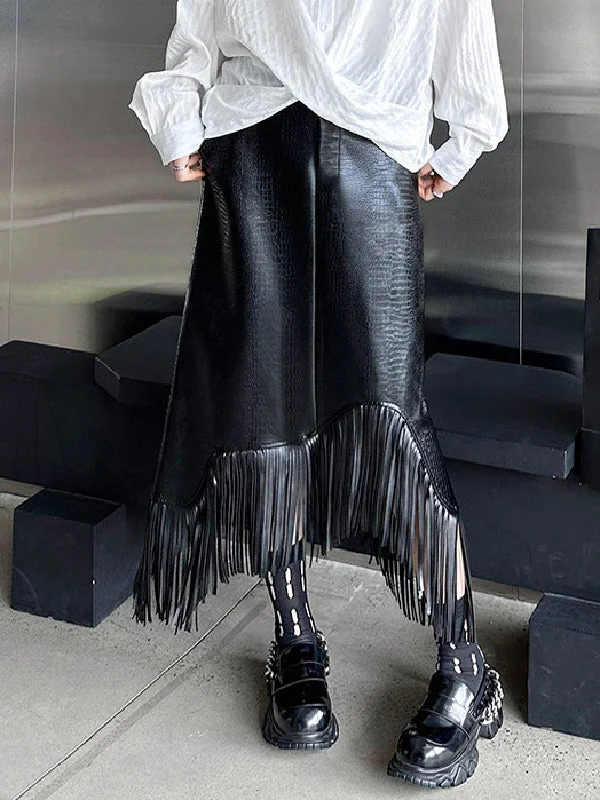 Modern Black Pockets Asymmetric Tasseled Hem A-Line Pu Leather Skirt