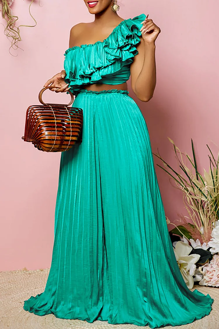 Sleeveless Ruffle One Shoulder Backless Crop Top Pleated Wide Leg Pants Matching Set