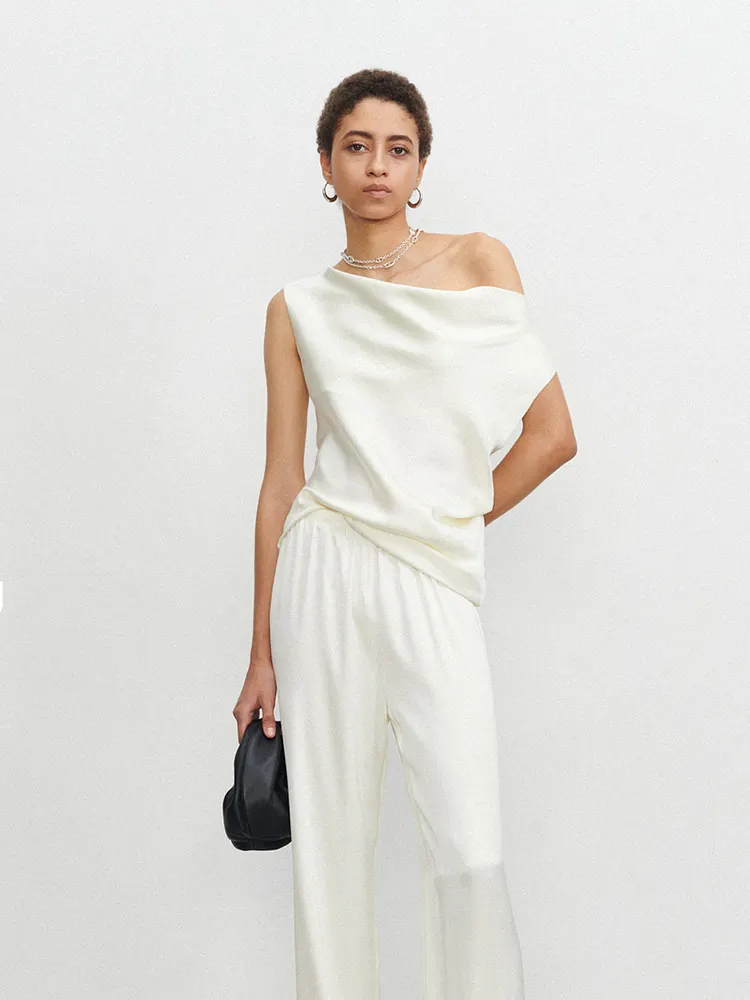 Satin Plain Asymmetrical Neck Blouse