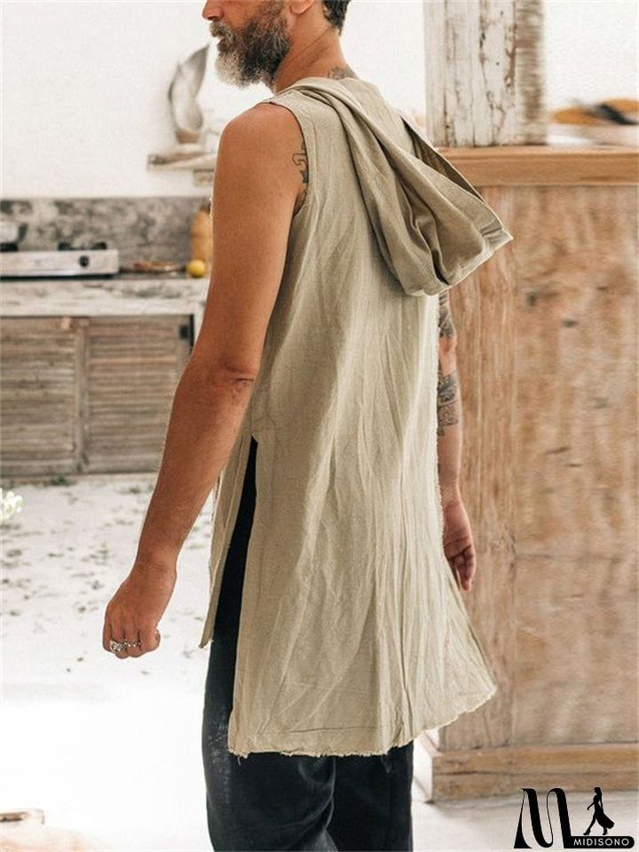 MidiSono - Relaxed Raw Edge Side Slit Linen Cotton Hoodie Mens